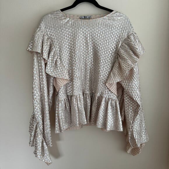 Zara Metallic Checkered Crinkle Ruffle Top Pink Silver Tiered Long Sleeve Sz M - Picture 1 of 5